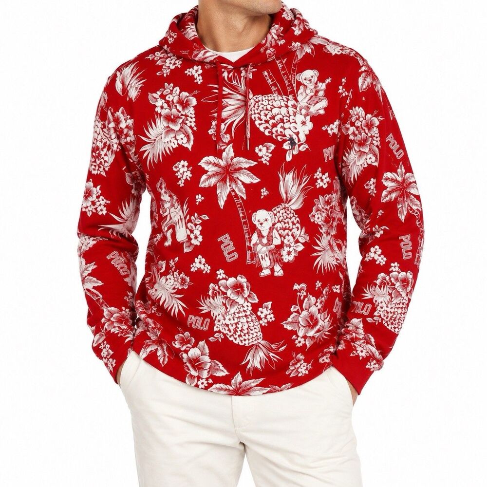 Polo Ralph Lauren Mens L Red Tropical Hawaiian Floral Cotton Pullover Hoodie